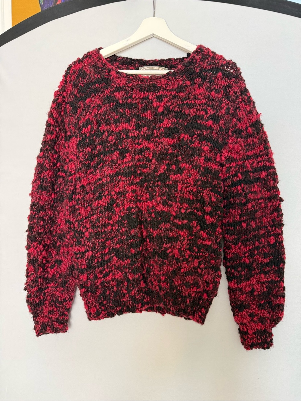 Vintage Hand Knit Wool Sweater GUSTO Chunky Heavy Knit Red Black Speckled M